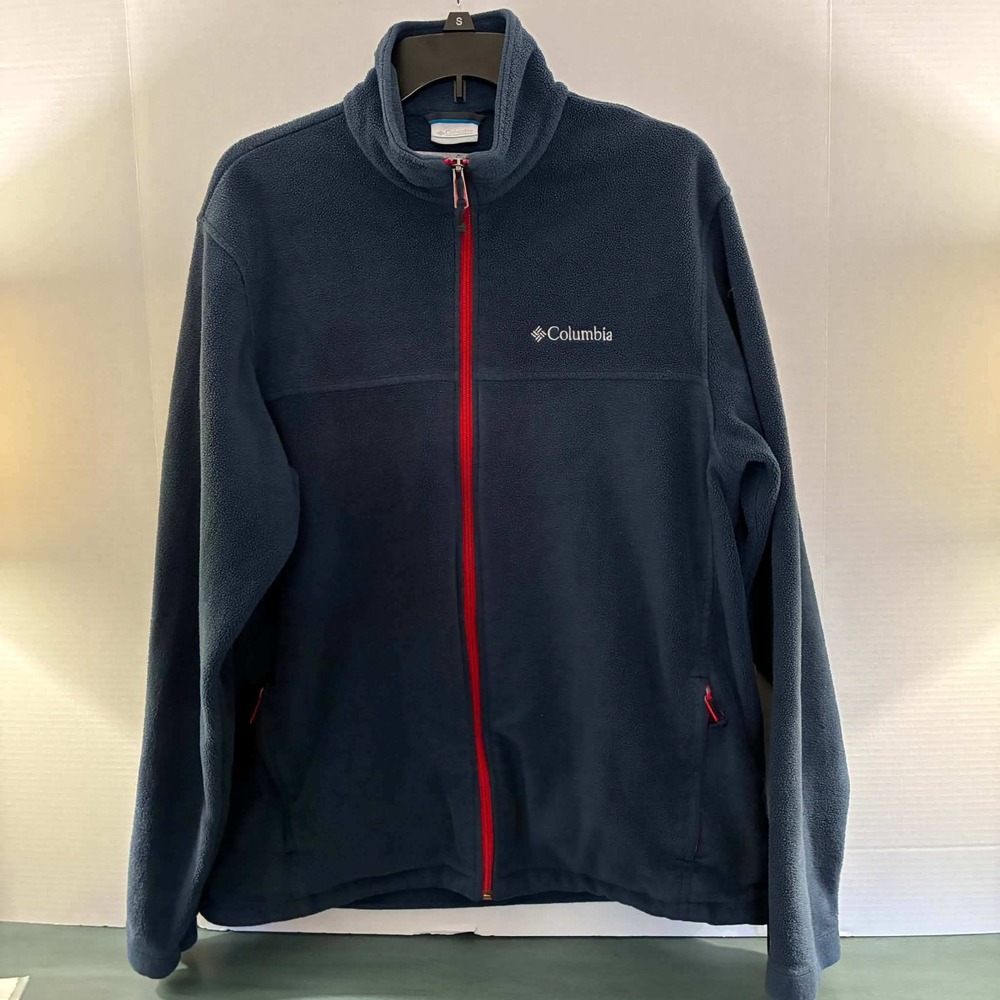 Columbia Fleece Jacket Mens L Navy Blue Full Zip Red Trim Hiking Outdoor